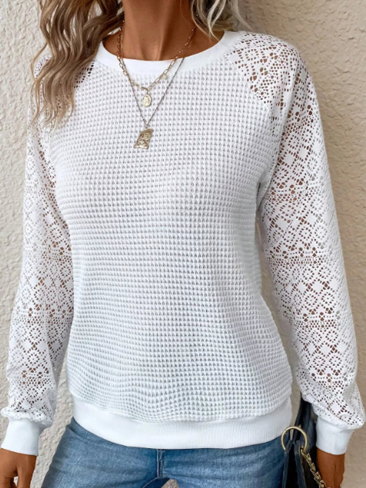 Waffle-knit lace-sleeve top, white waffle-knit body and lace sleeves
