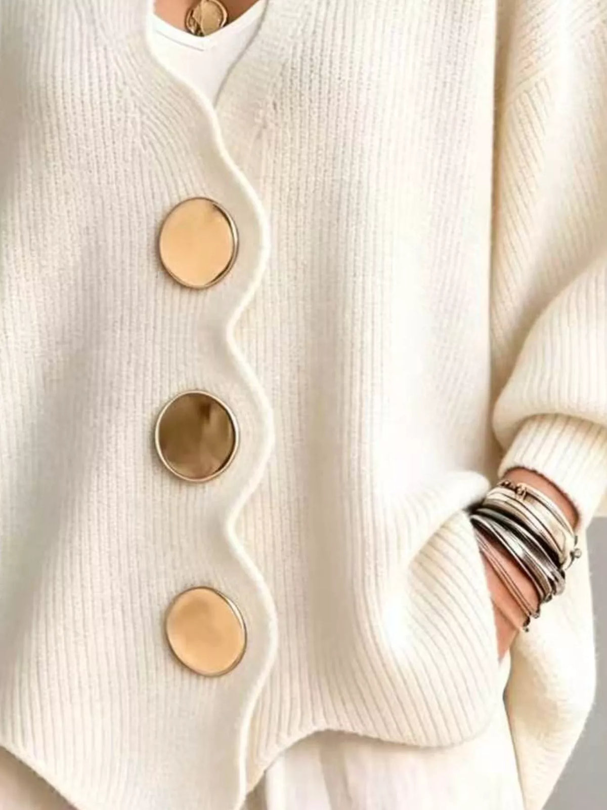 Women's Scalloped-Edge Oversized Button-Down Cardigan in Beige, back view