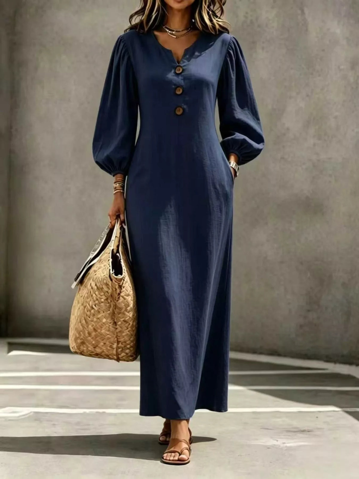 Navy balloon-sleeve maxi dress, full front view