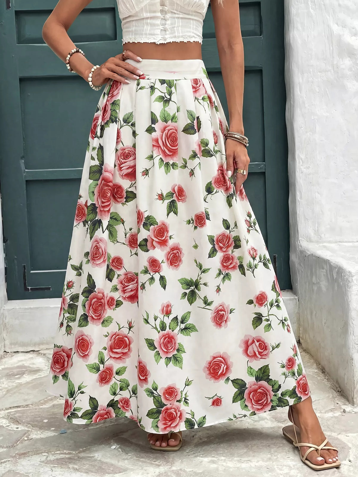 Trendsi Rose Print Flowy Maxi Skirt -
