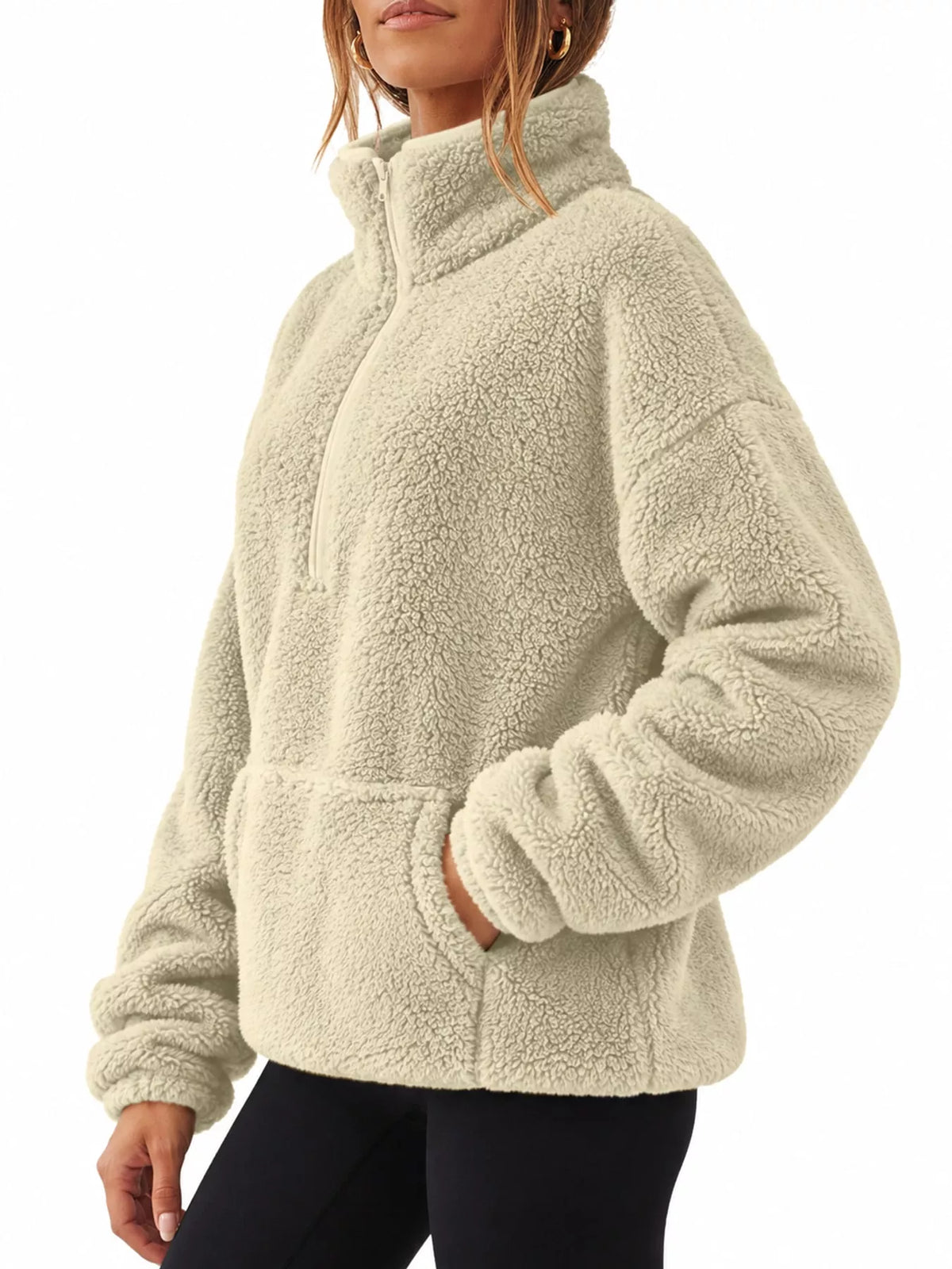 Sherpa quarter-zip sweatshirt, cream angled front