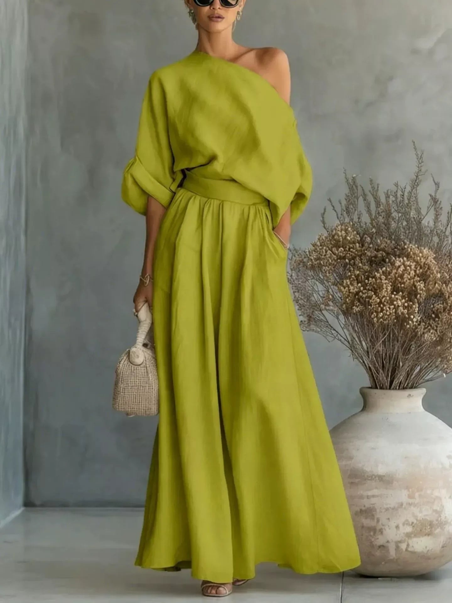 Trendsi Full Size One Shoulder Top and Wide Leg Pants Set Plus Size -