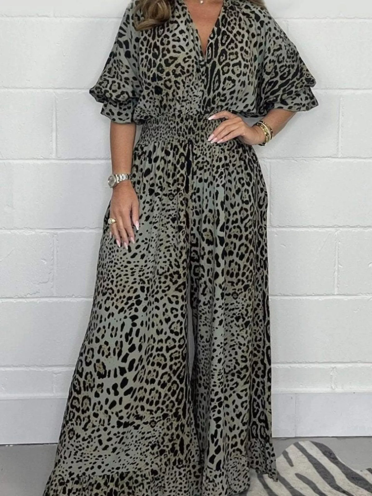 Gray leopard leopard print v-neck wide-leg jumpsuit — front view