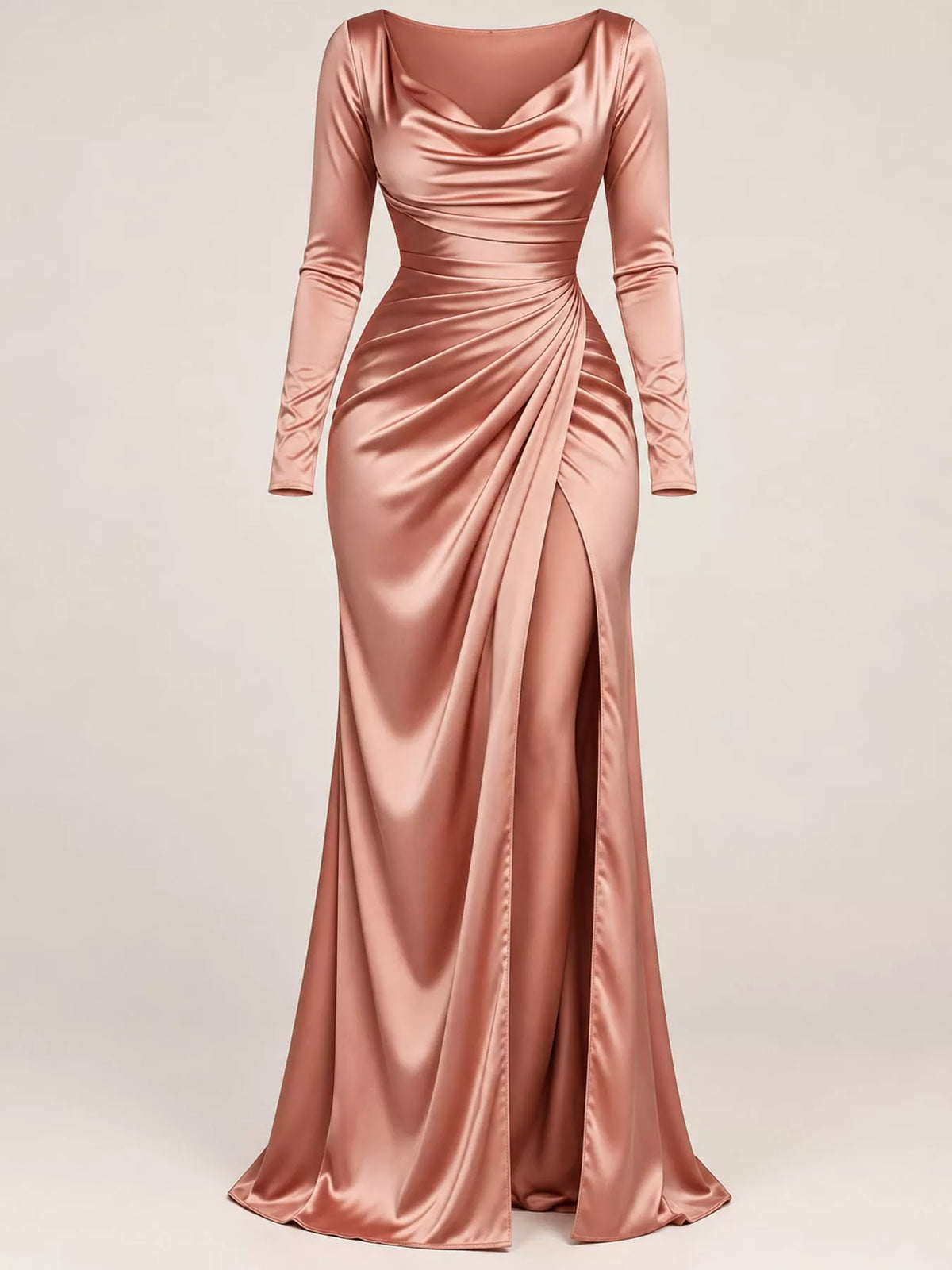 Pink satin cowl neck high-slit maxi dress, front product view