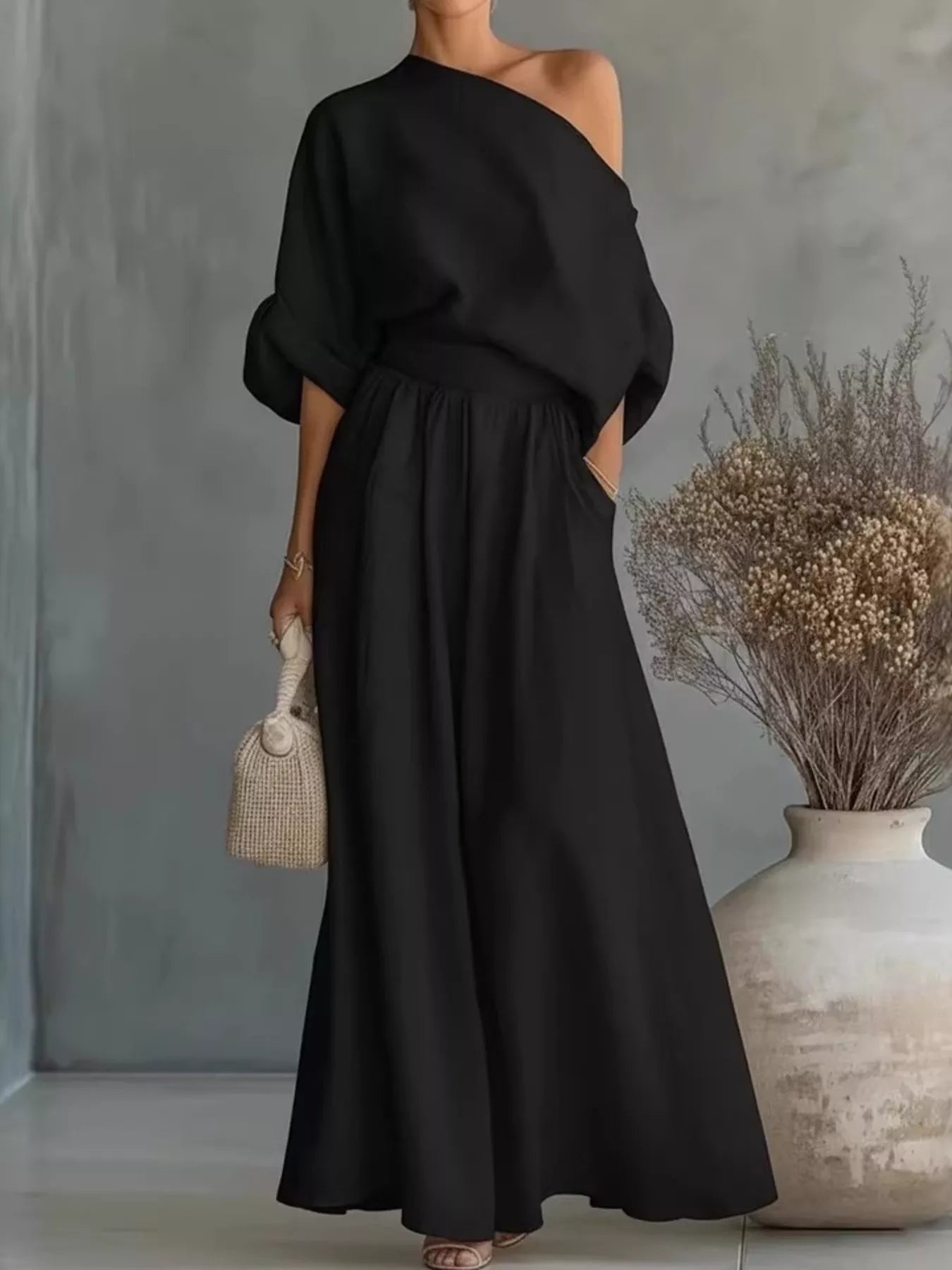 Trendsi Full Size One Shoulder Top and Wide Leg Pants Set Plus Size -