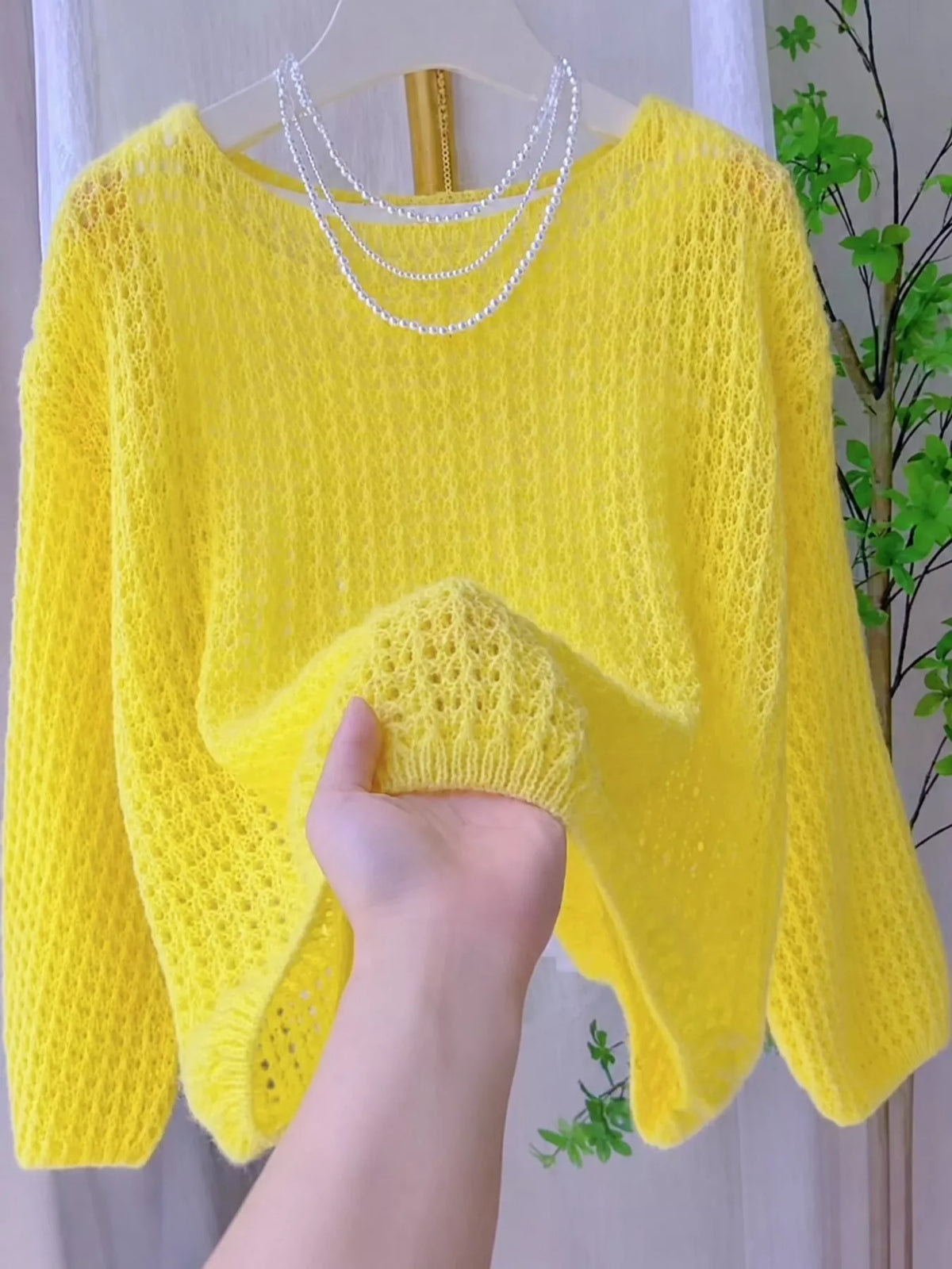 Yellow openwork knit cover-up top