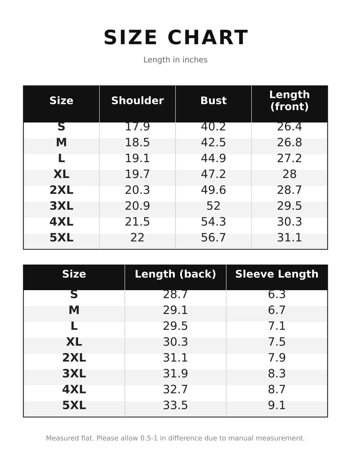 Size chart for women's button up short sleeve shirt