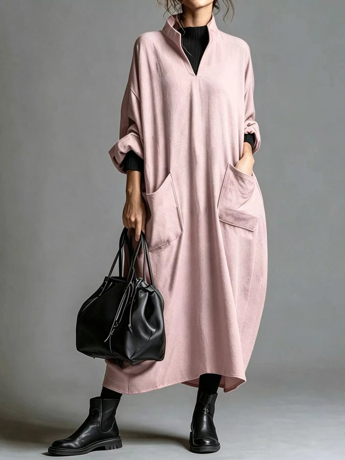 Trendsi Full Size Loose-Fit Mock Neck Midi Dress with Pockets Plus Size -