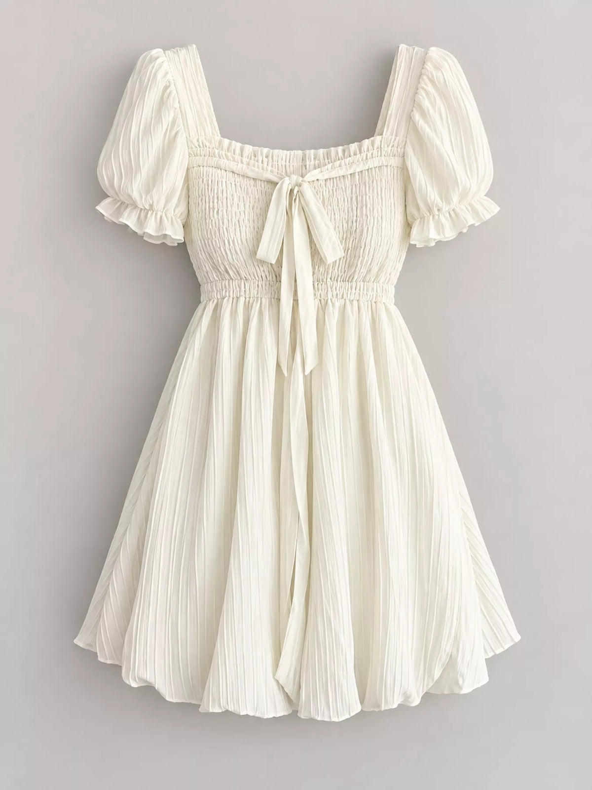 Cream puff-sleeve smocked mini dress with tie-front detail