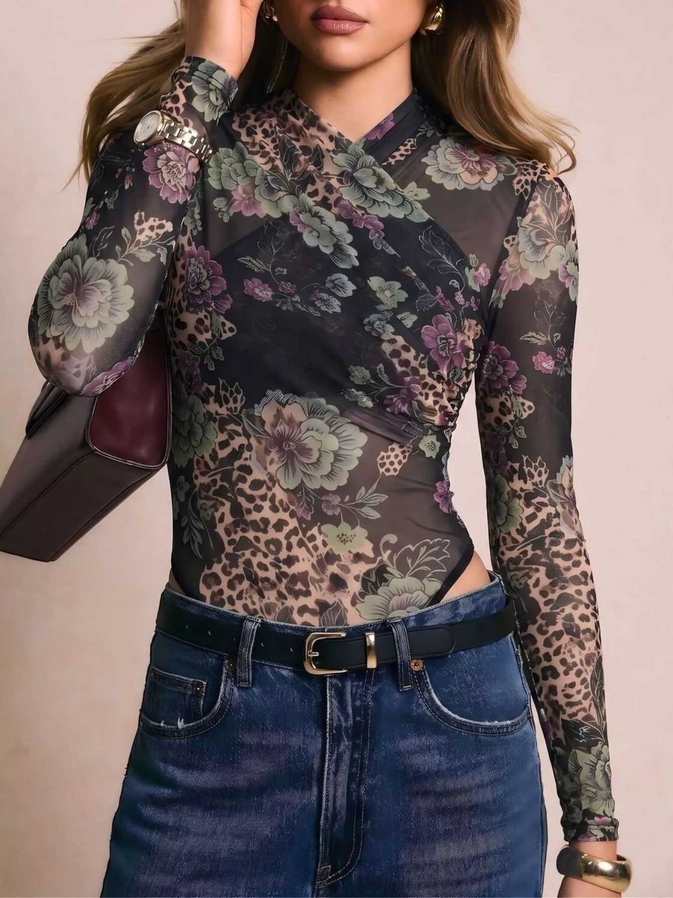 Trendsi Mesh Long Sleeve Bodysuit -