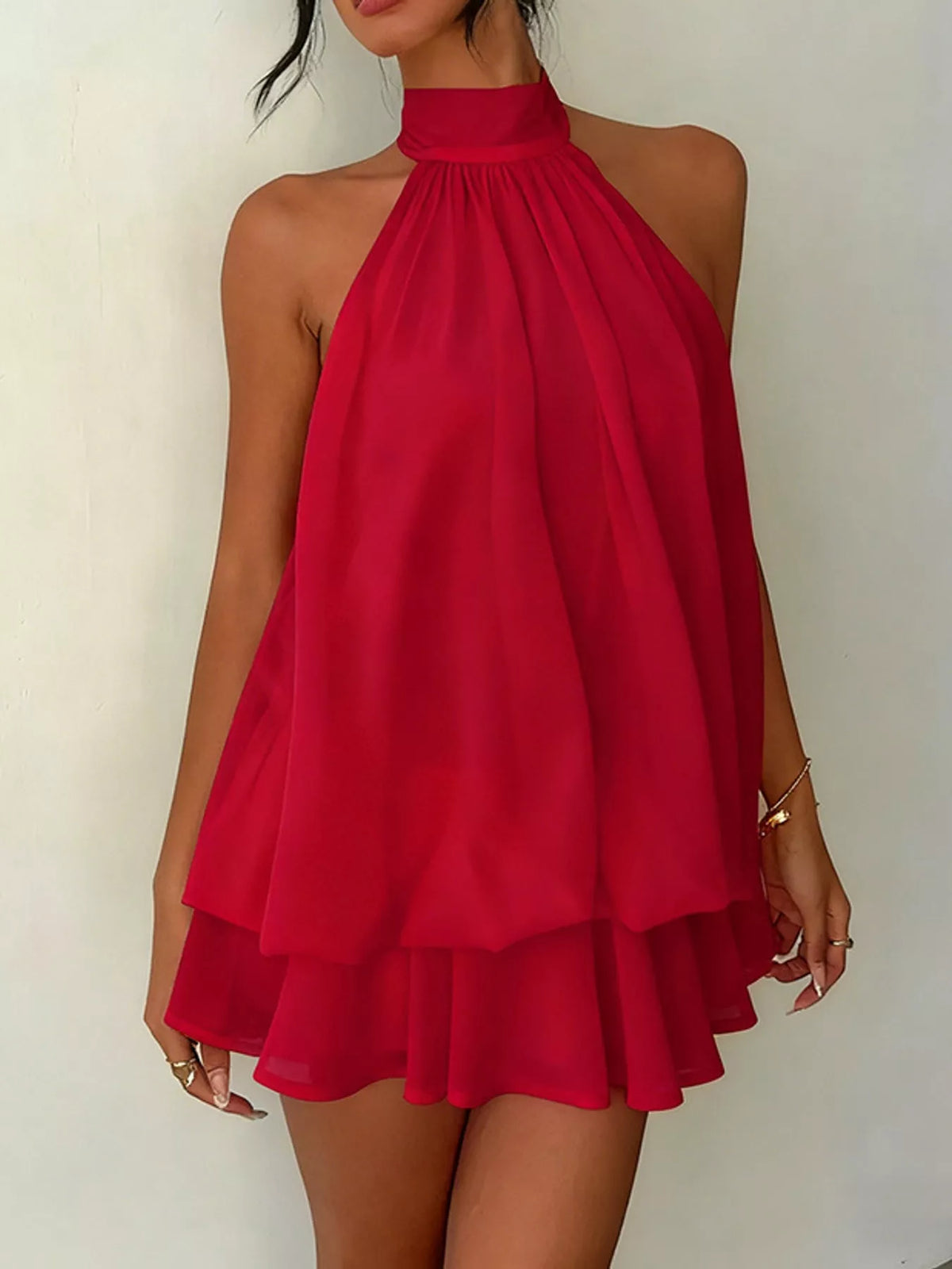 Red halter neck layered mini dress, layered skirt view
