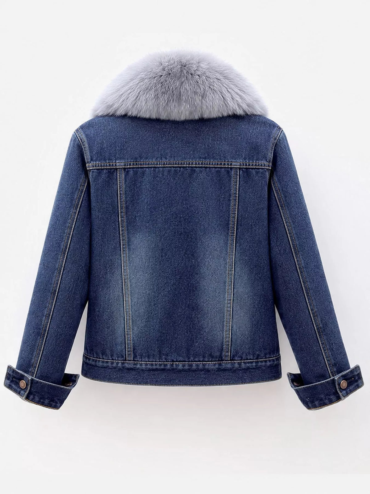 Dark blue distressed denim jacket with sherpa fleece lining, back view