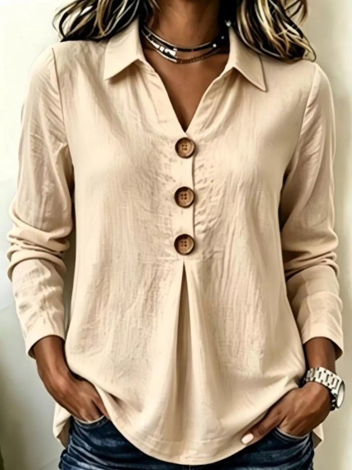 Trendsi Full Size Button Detail Long Sleeve Blouse Plus Size -