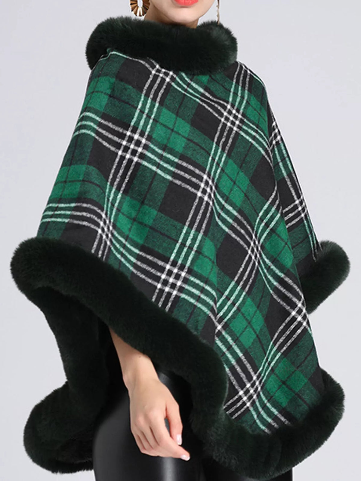 Dark Green-Plaid plaid faux fur trimmed poncho cape