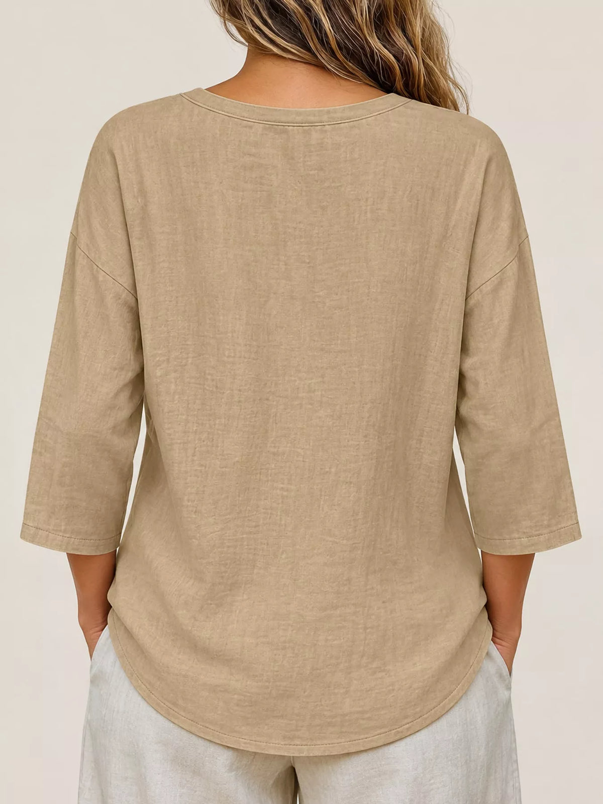 Button Notched 3/4 Sleeve Blouse in khaki, back view