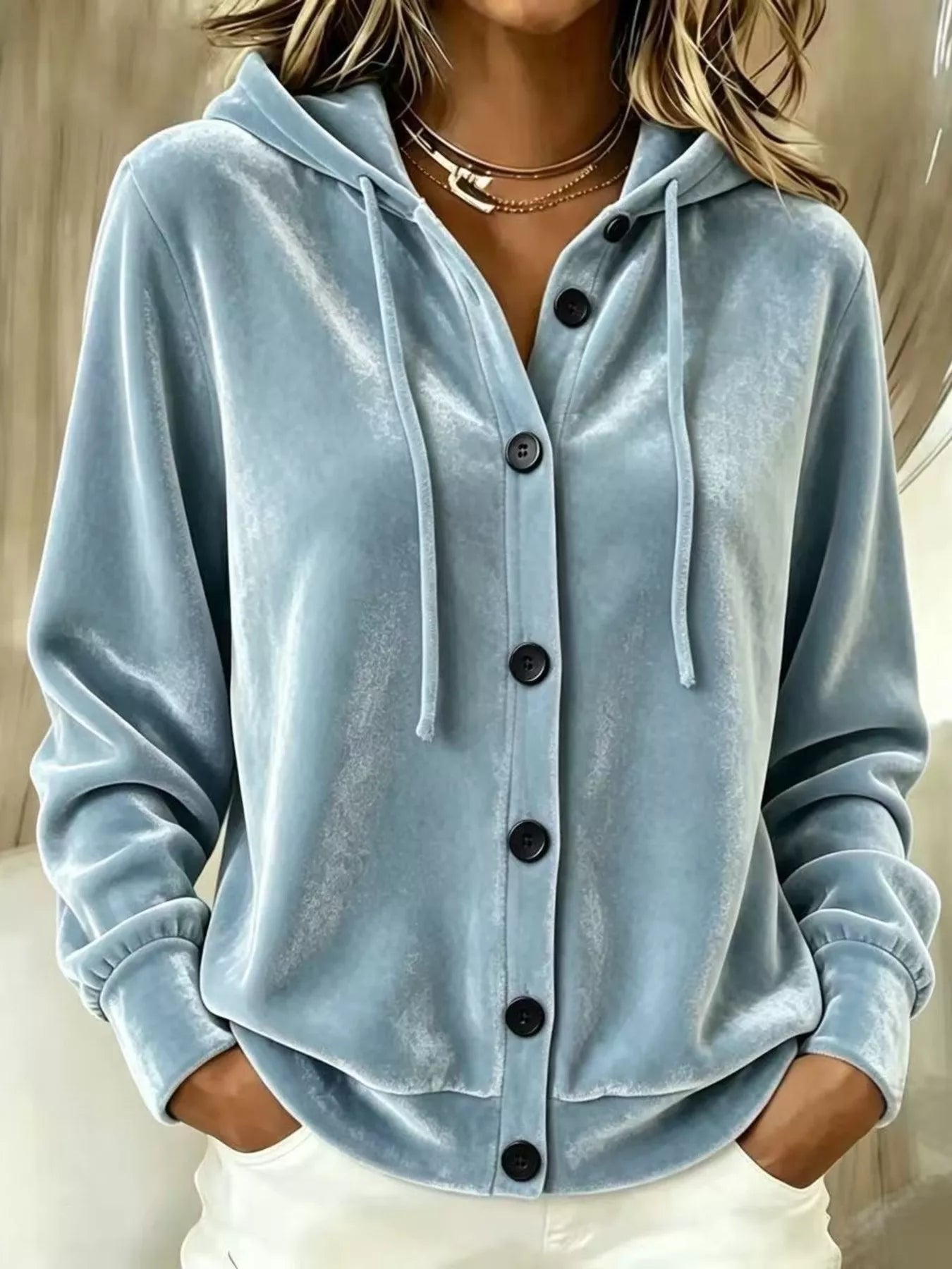 Trendsi Full Size Velvet Button-Down Hooded Outerwear Plus Size -
