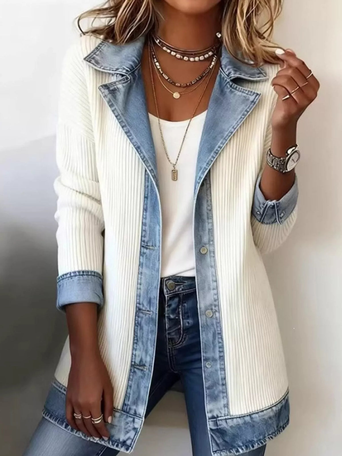 White denim trim ribbed knit cardigan