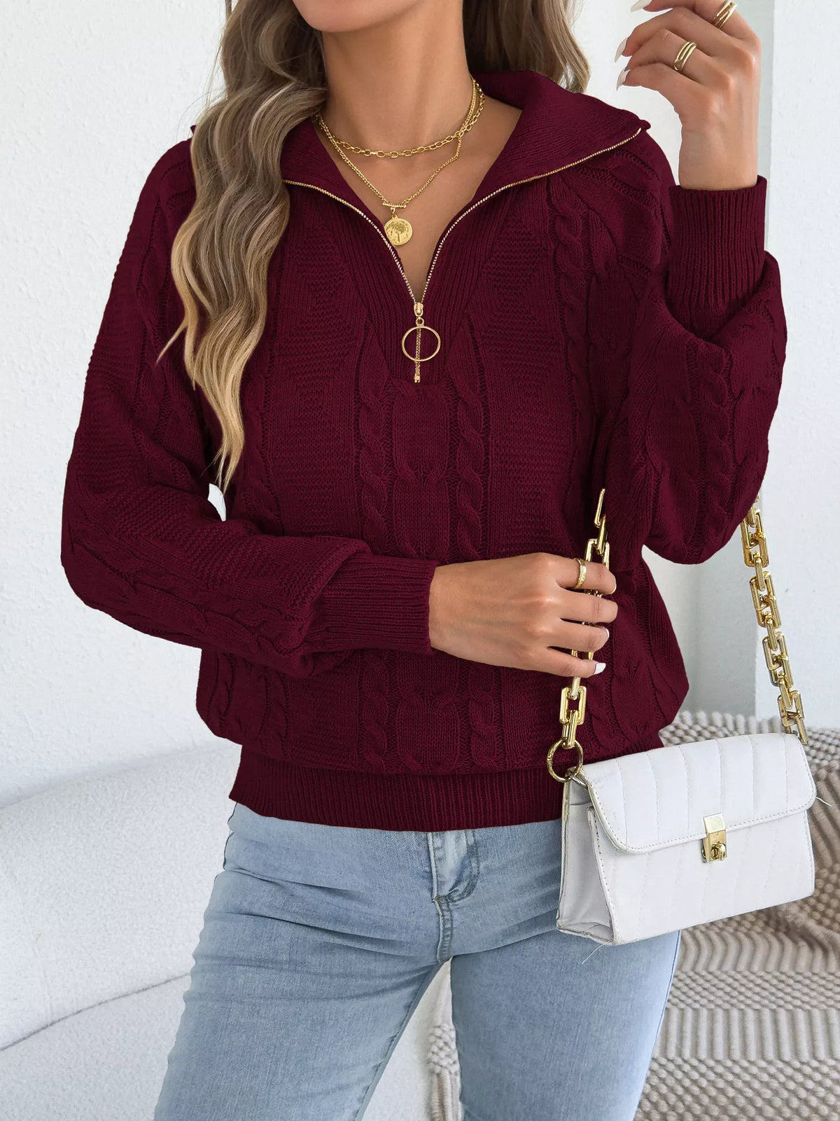 Burgundy quarter-zip cable knit sweater