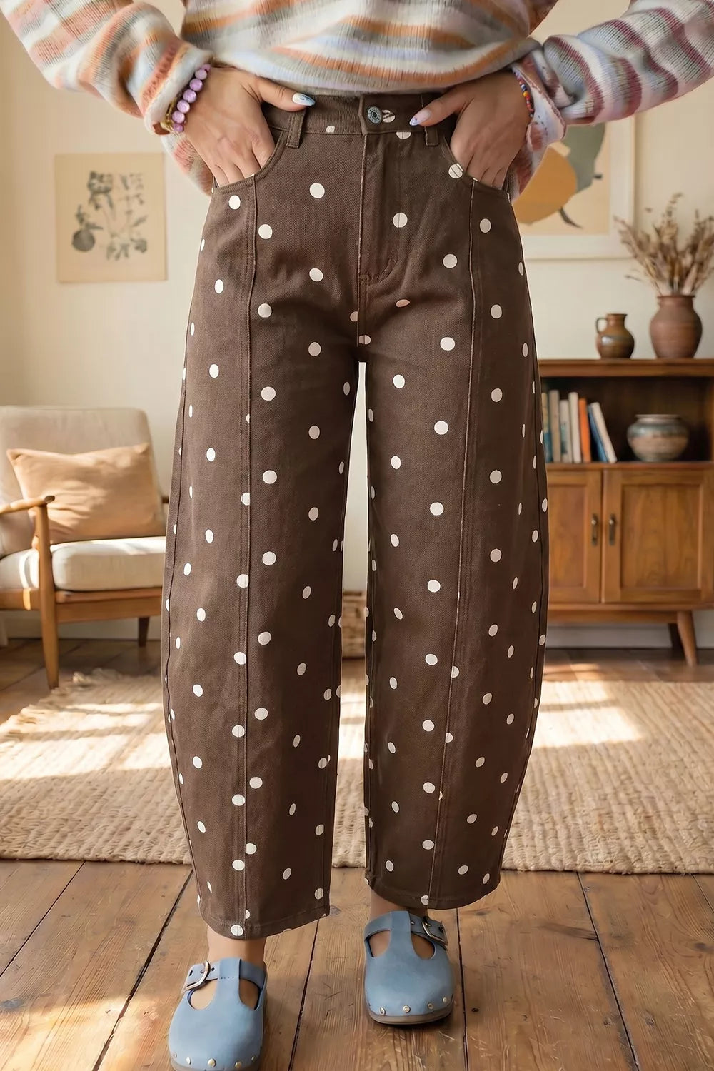 Trendsi Tailored Seam Polka Dot Print Barrel Casual Jeans -
