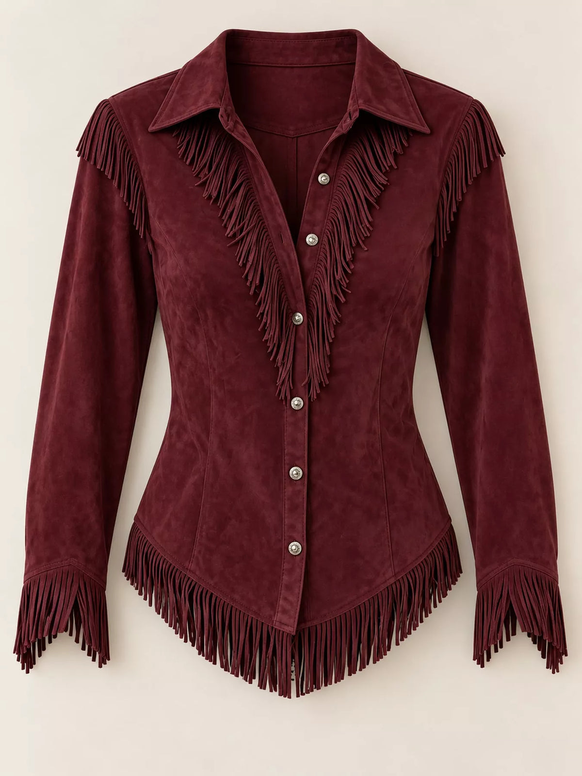 Fringe-detail shirt, burgundy hanging front
