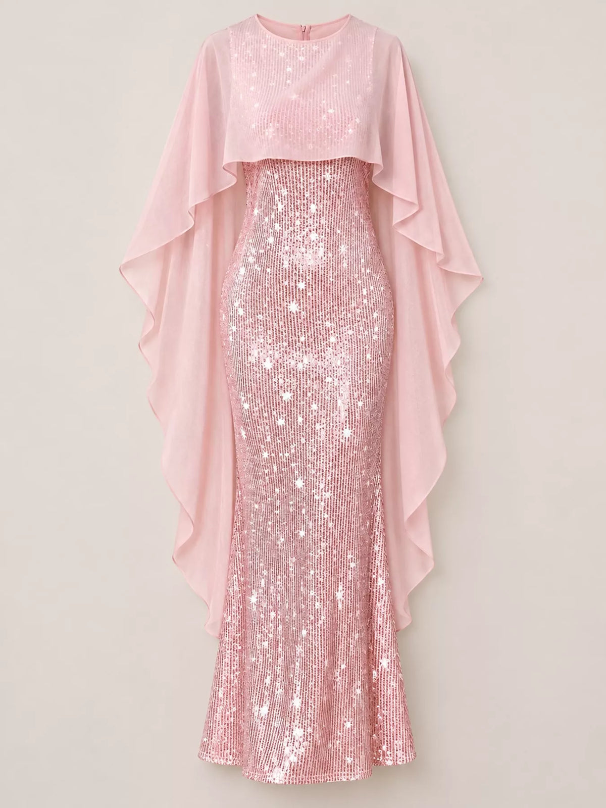 Women's Sequin Cape Overlay Evening Dress in pink — flat lay view