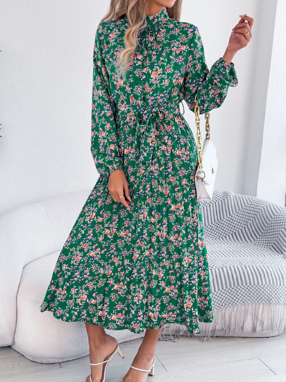 Green floral print long sleeve midi dress