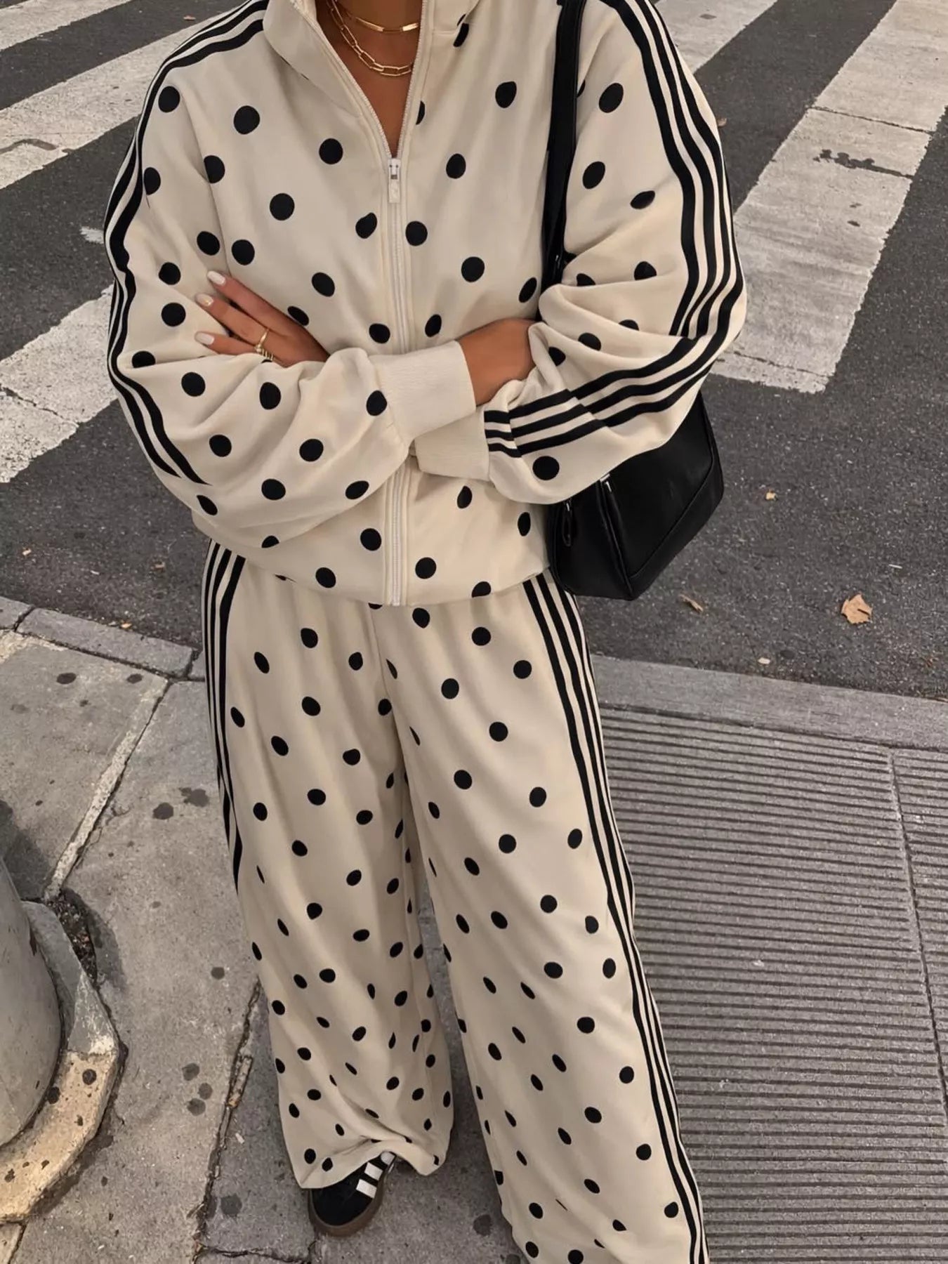 Trendsi Polka Dot Side Striped Outerwear and Pants Set -