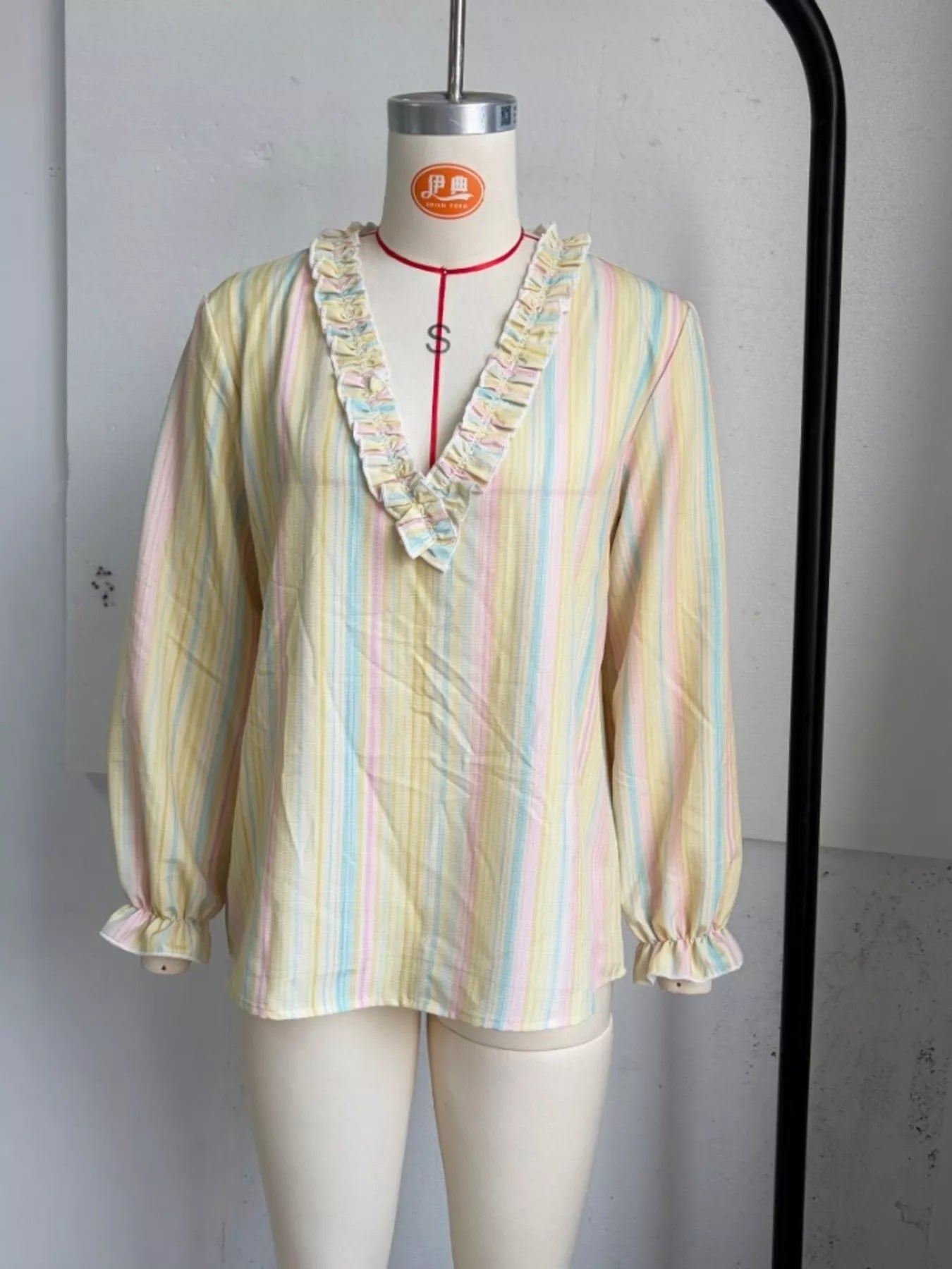 Trendsi Striped Ruffle-Trim V-Neck Blouse -