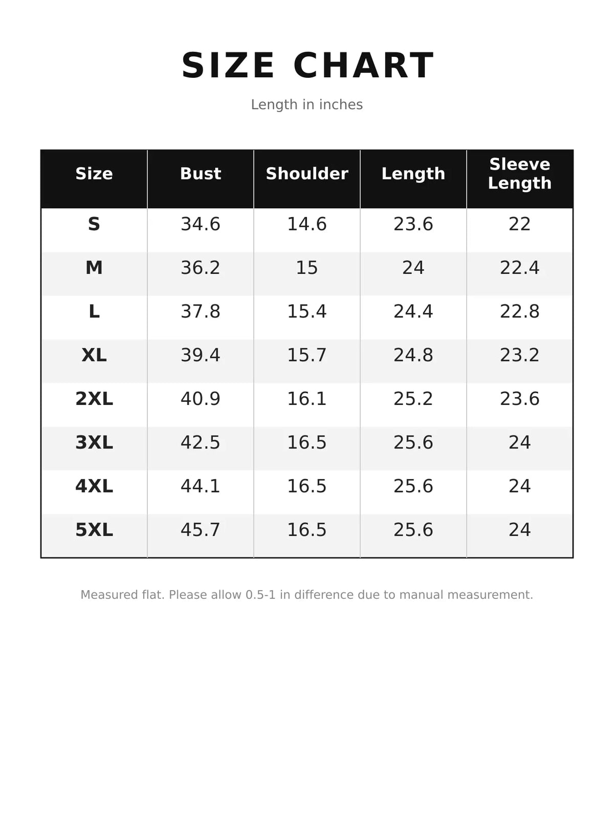 Size chart for button-down long sleeve shirt