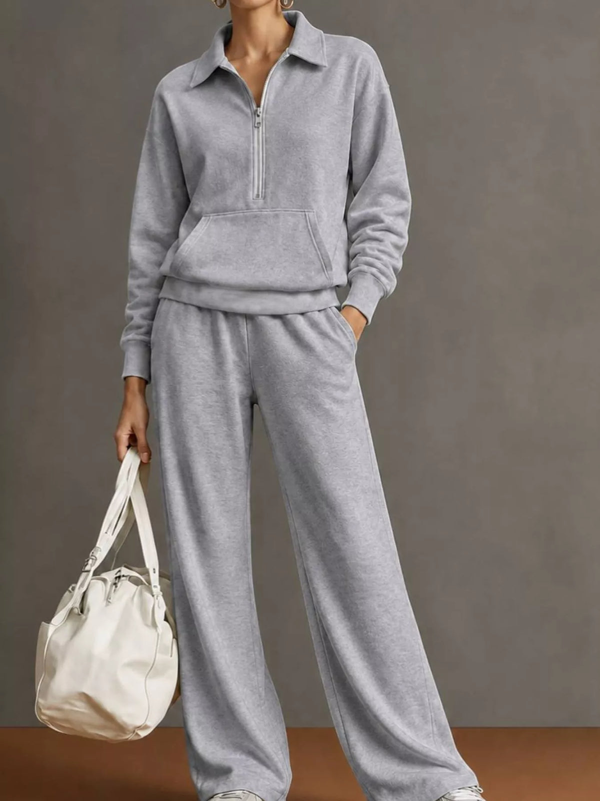 Collared long sleeve outfit set, front view on model
