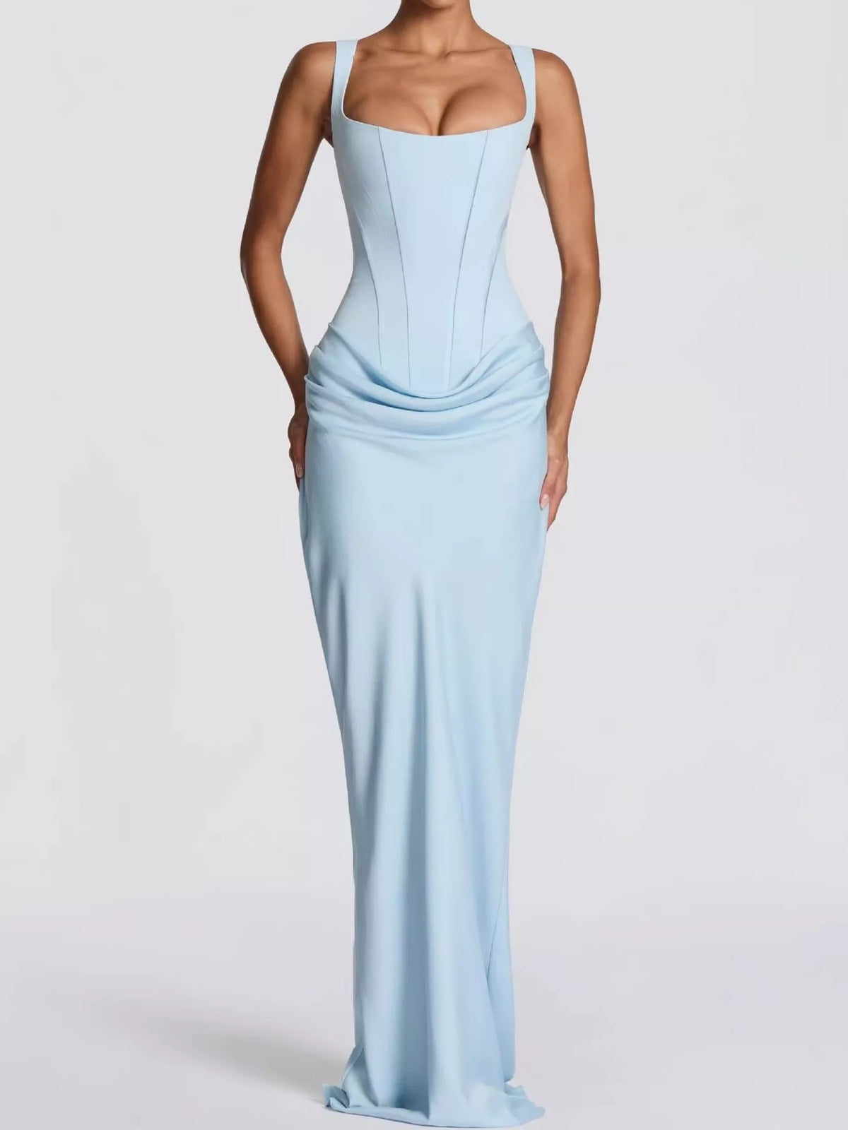 Square neck sleeveless maxi dress, front view on model