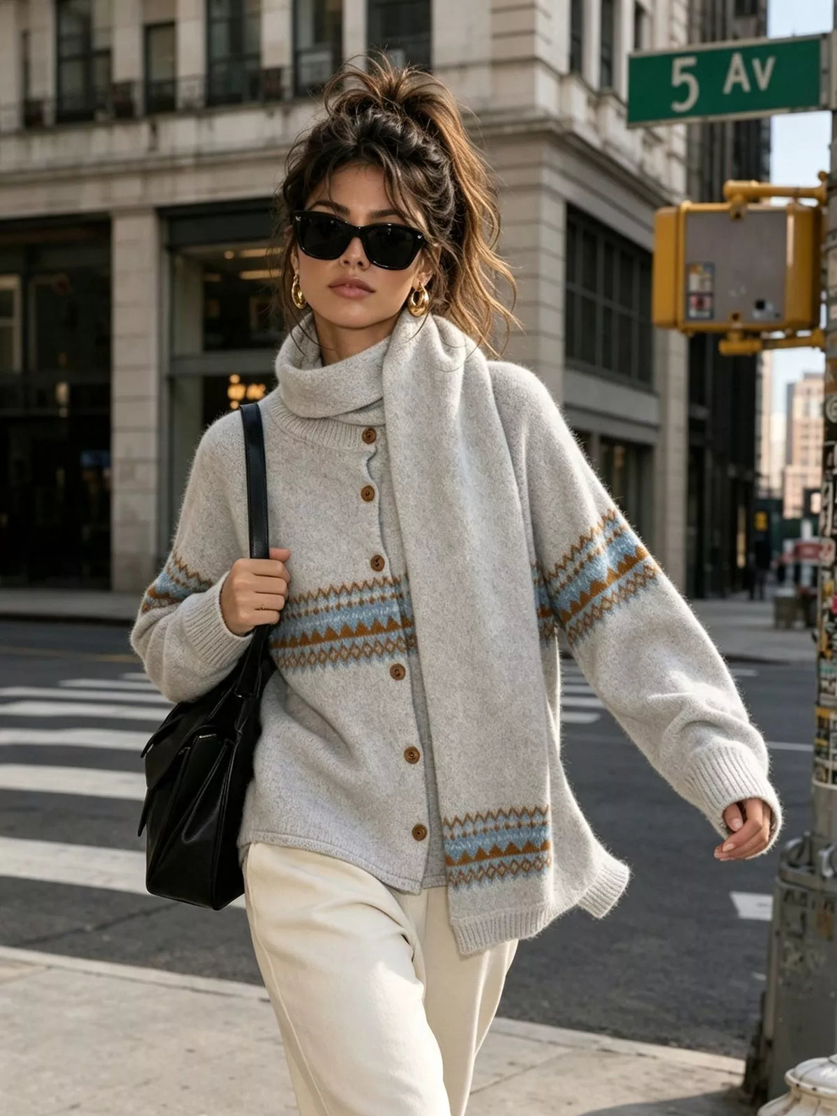 Light gray geometric button-front knit cardigan, walking front view.