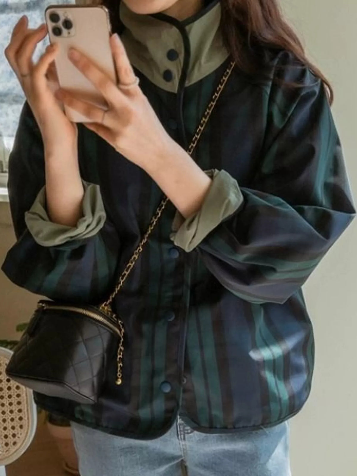 Reversible Jacket with Contrast Plaid Detailing in khaki