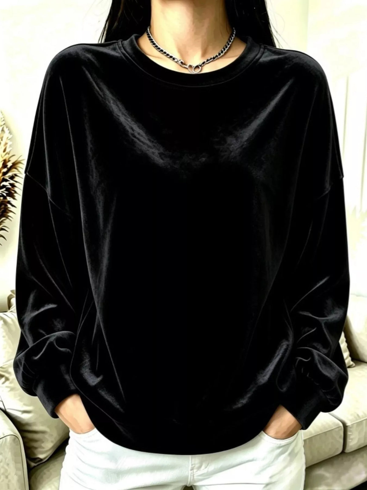 Women's Velvet Dropped Shoulder Sweatshirt in black — front view