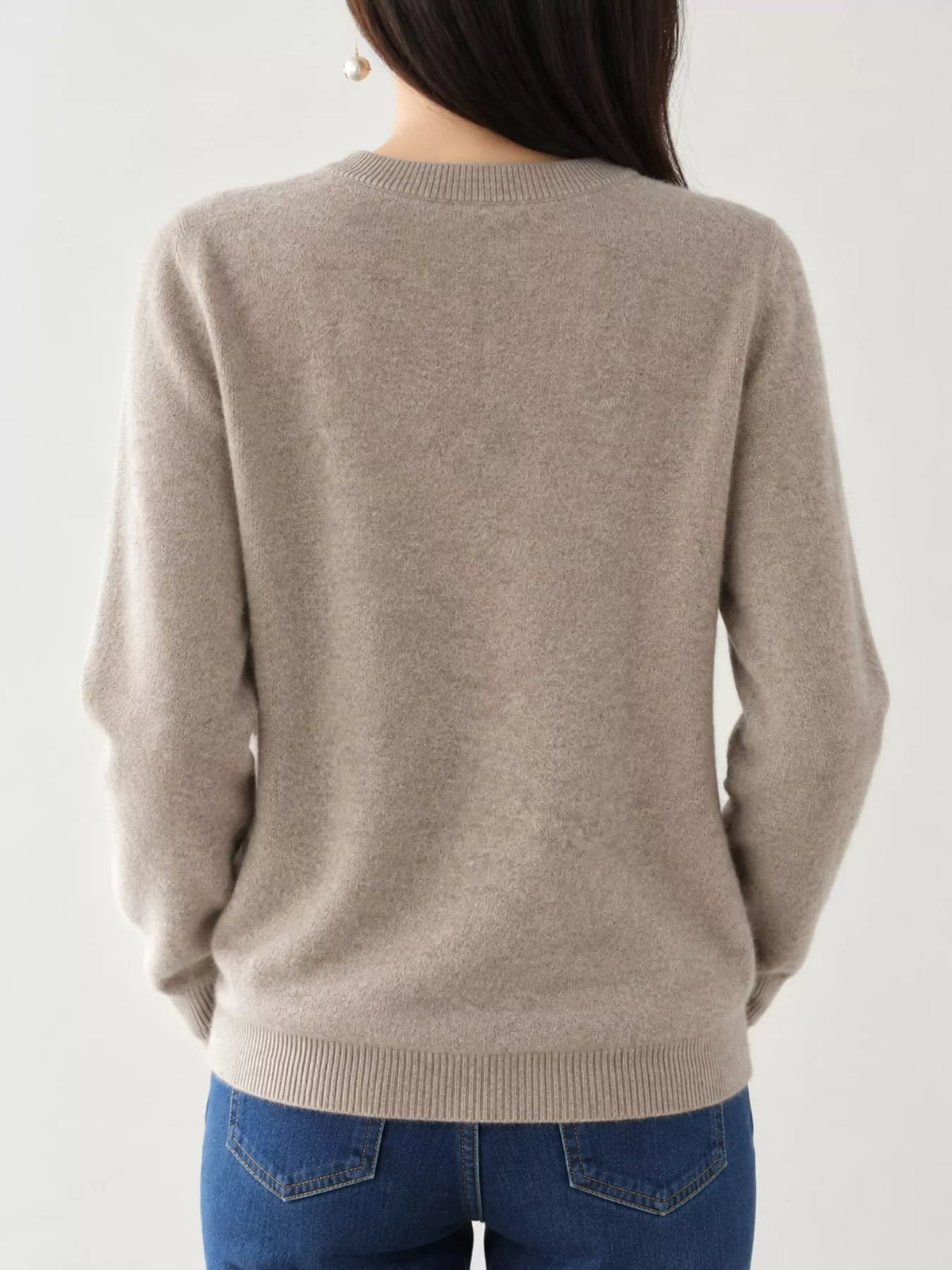 Taupe crew neck button-front cardigan, back view