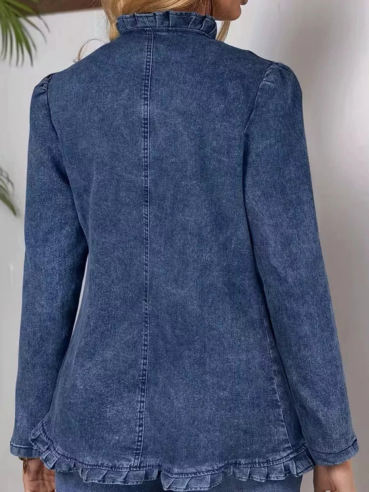 Ruffle Trim Double-Breasted Denim Jacket — back view