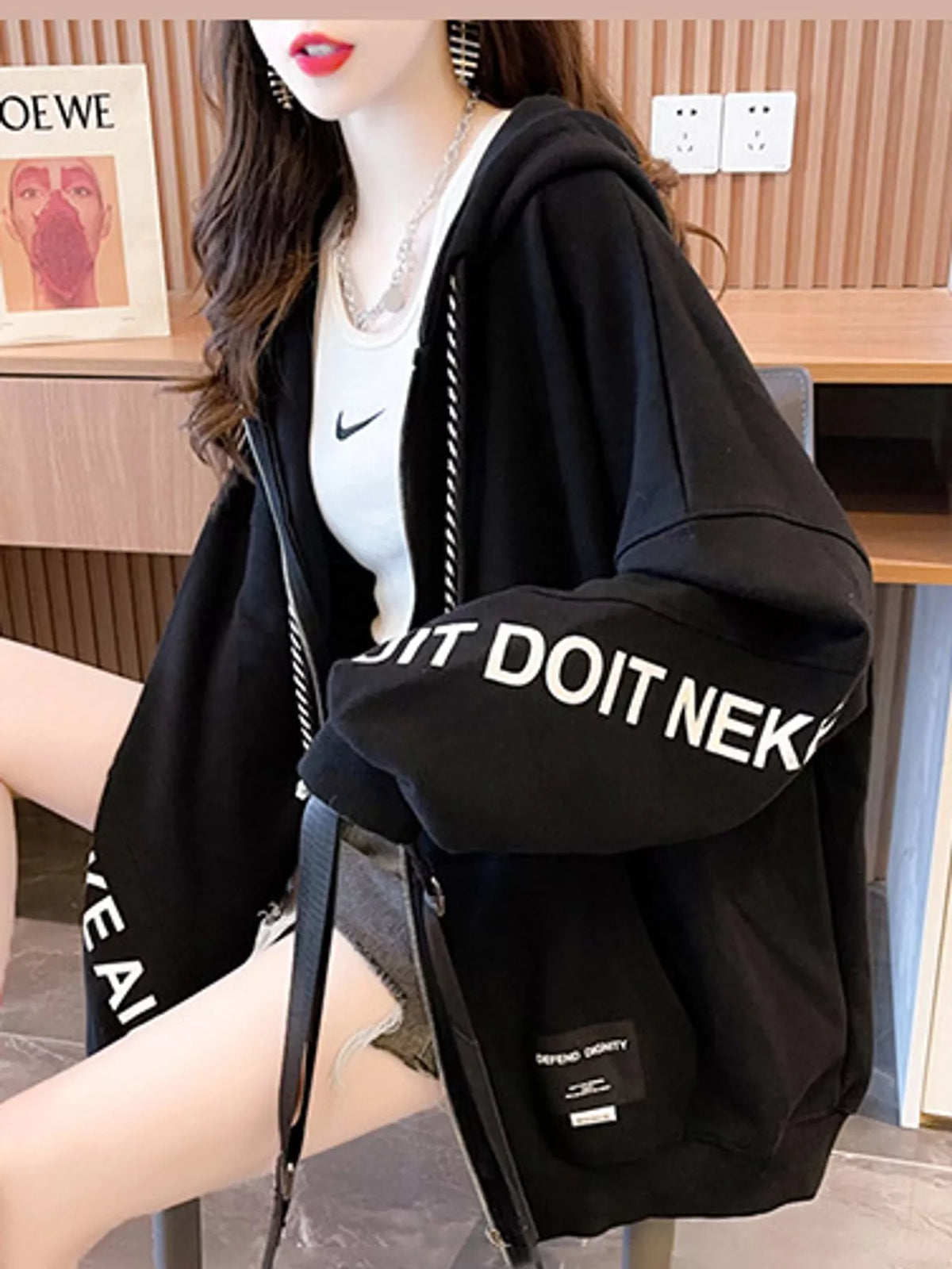 Oversized Zip-Up Hoodie with Letter Print — front view