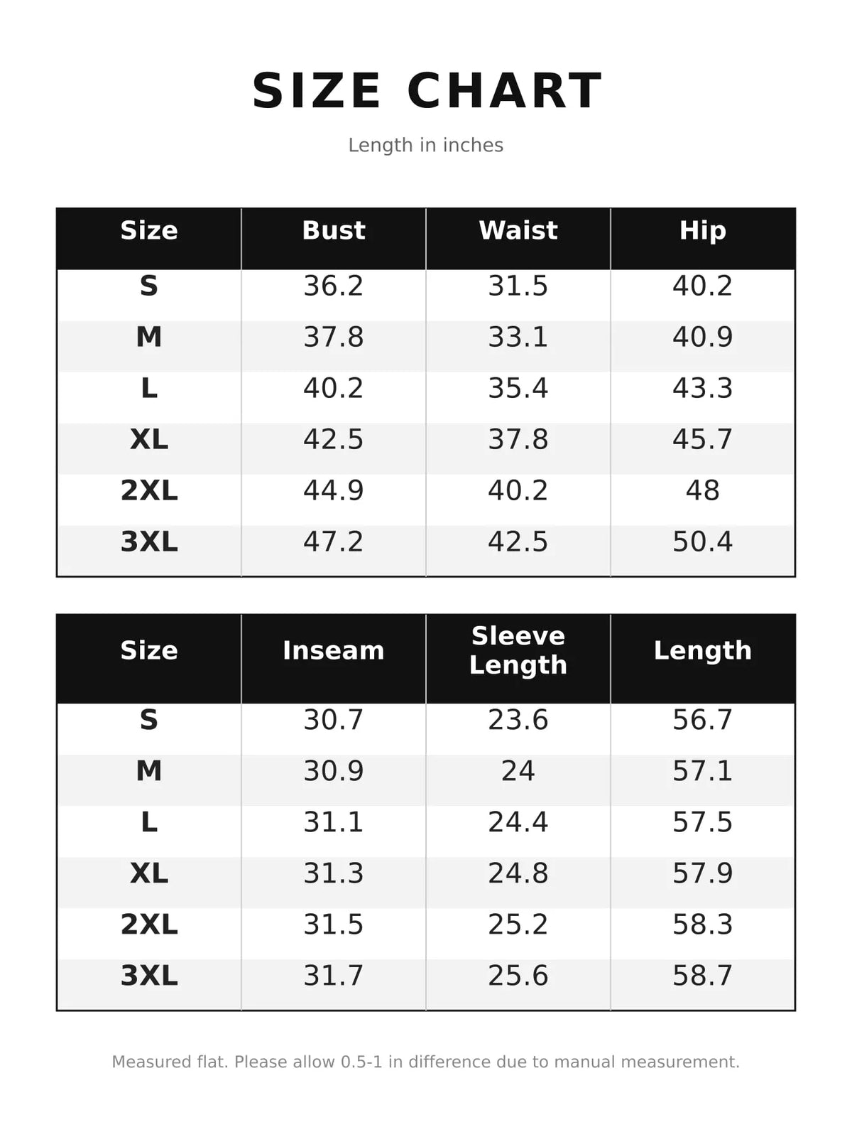 Size chart for velour zip-up jumpsuit with pockets