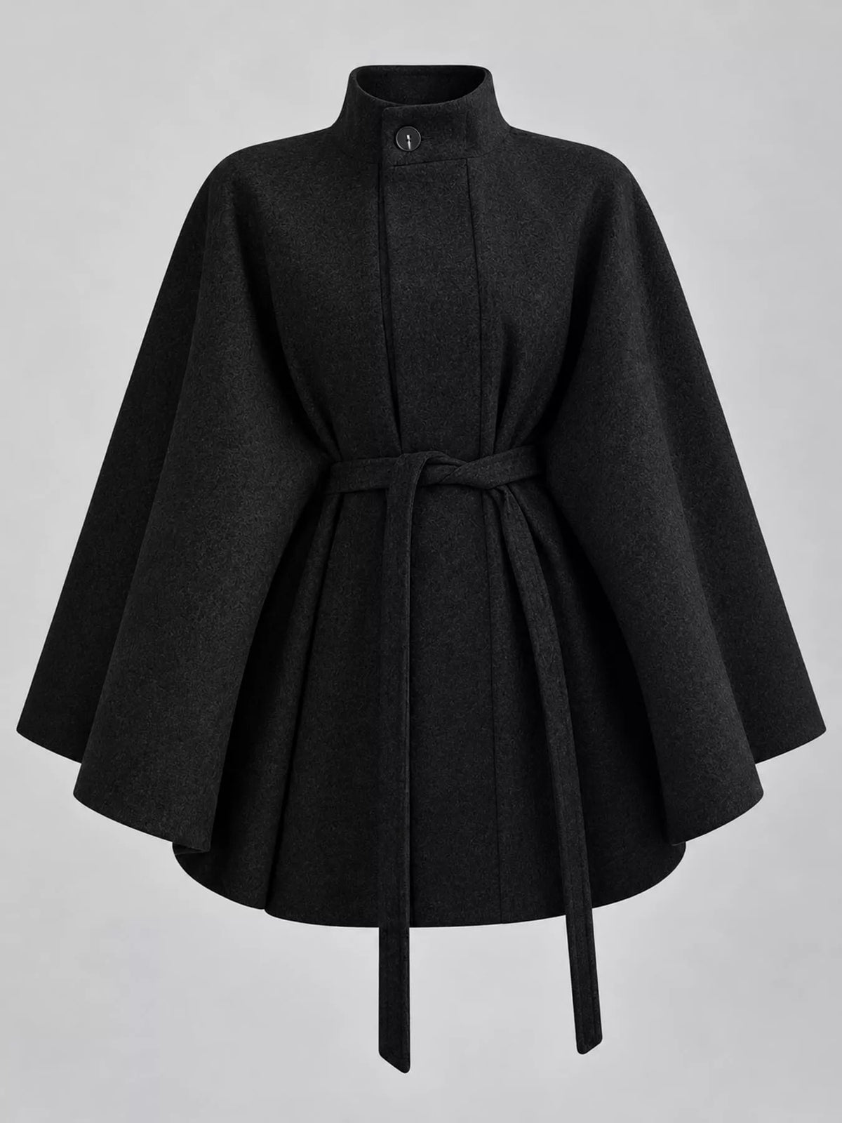 Black tie-waist cape — front view