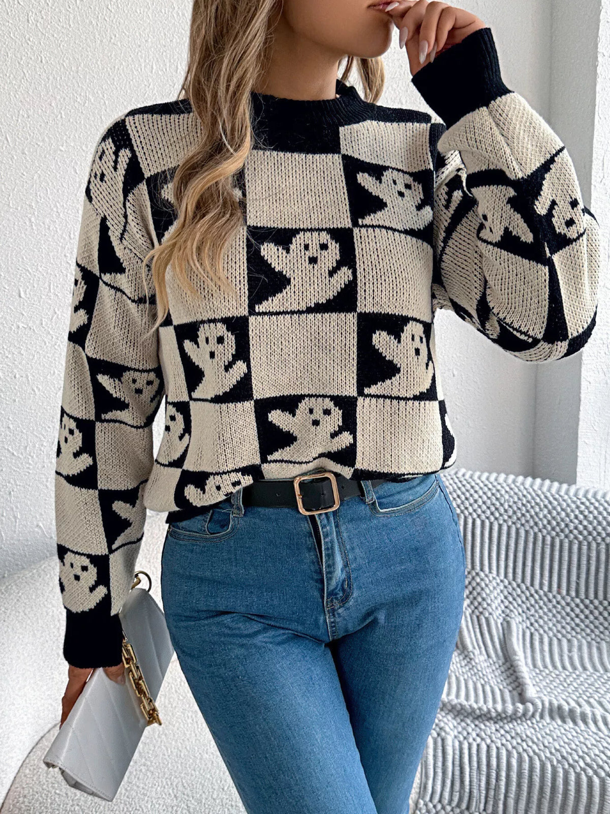 Checkerboard Halloween Graphic Sweater in black ghost, front view