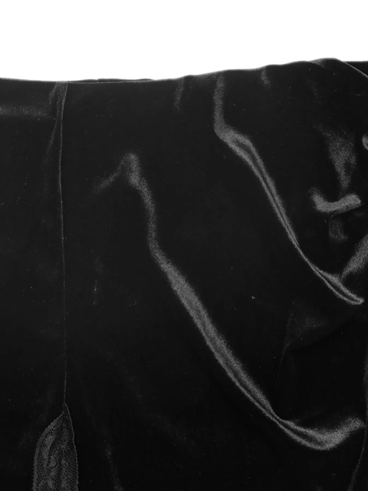 Black velvet mini skirt with lace trim, waistband detail