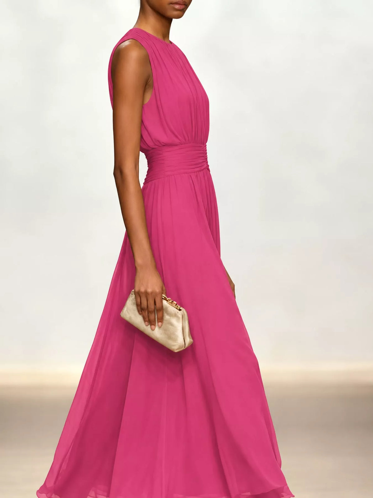 Fuchsia sleeveless ruched chiffon maxi dress, side view