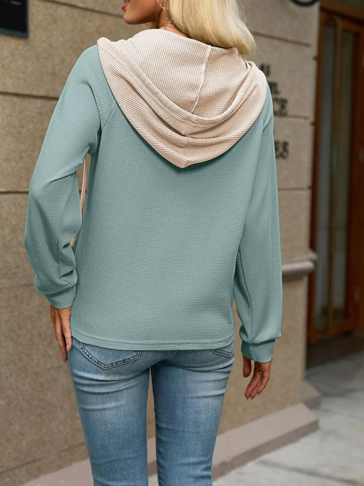 Trendsi Waffle Knit Henley Hoodie with Contrast Trim -
