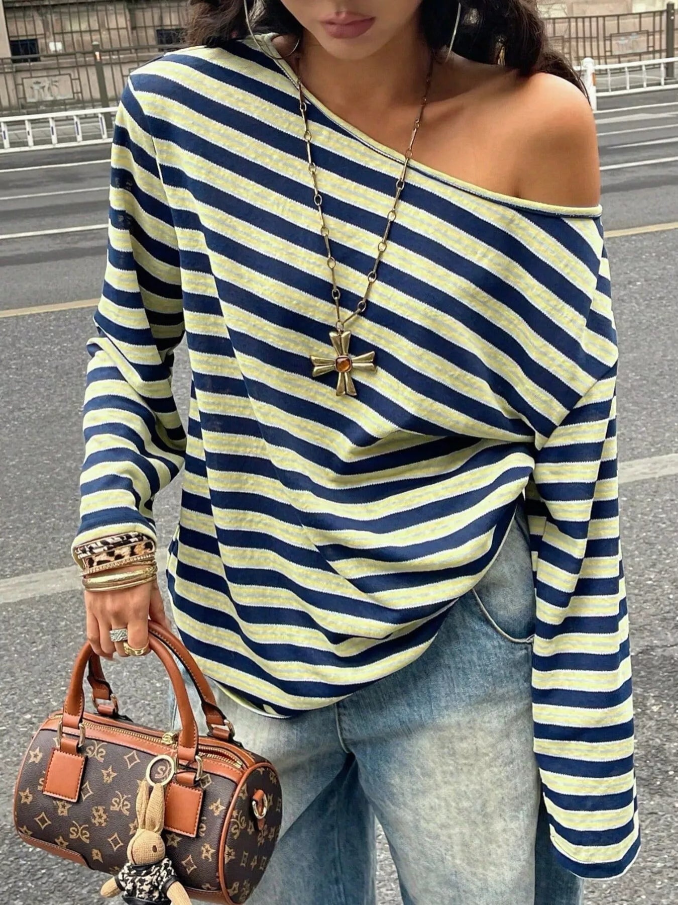 Trendsi Striped Boat Neck Long Sleeve T-Shirt -