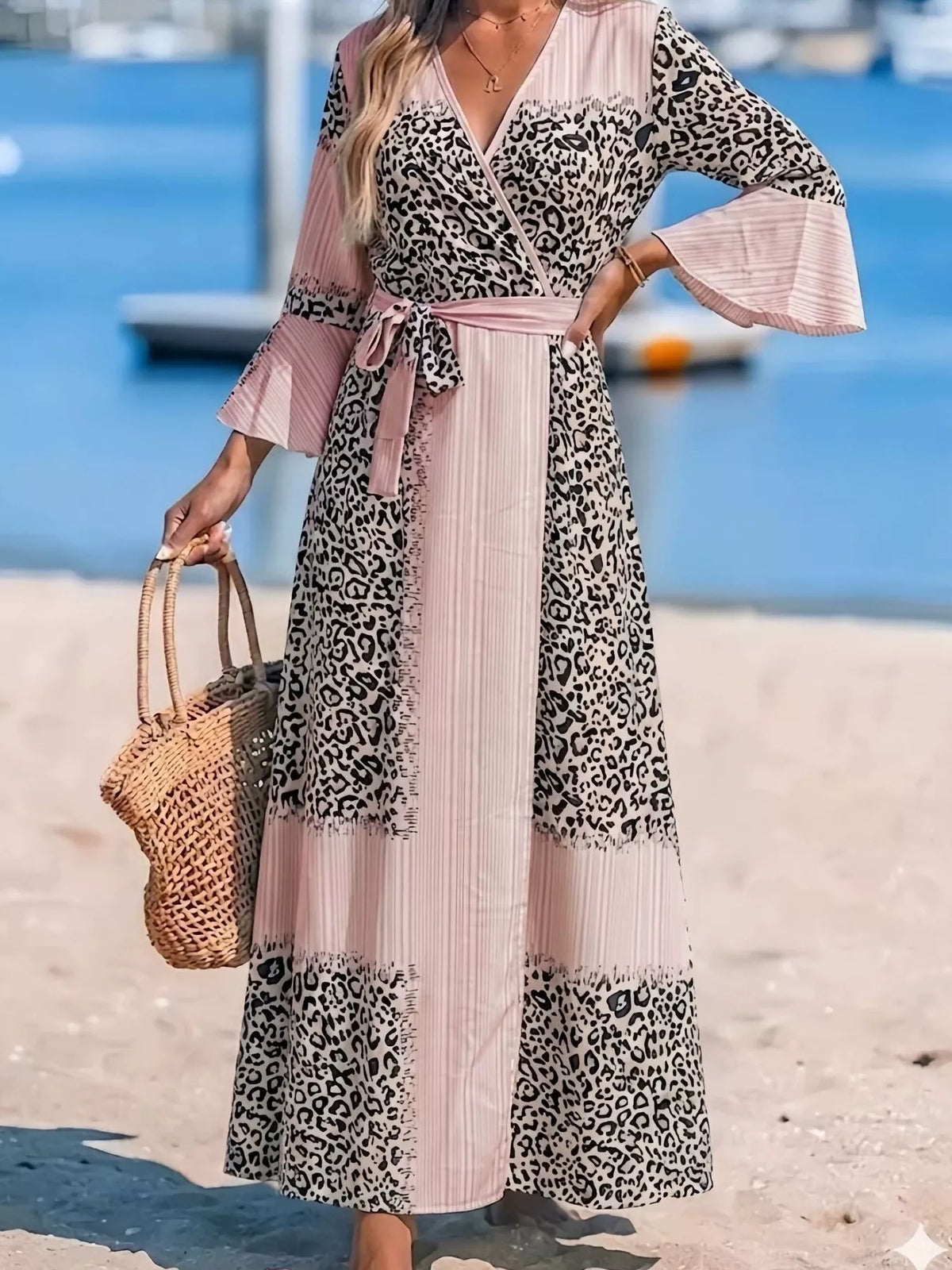 Women's Leopard Print Patchwork Maxi Dress in Blush Pink, front view