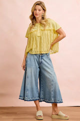 Trendsi BiBi Solid Jersey With Lace Combo Ruffled Buttoned Top -