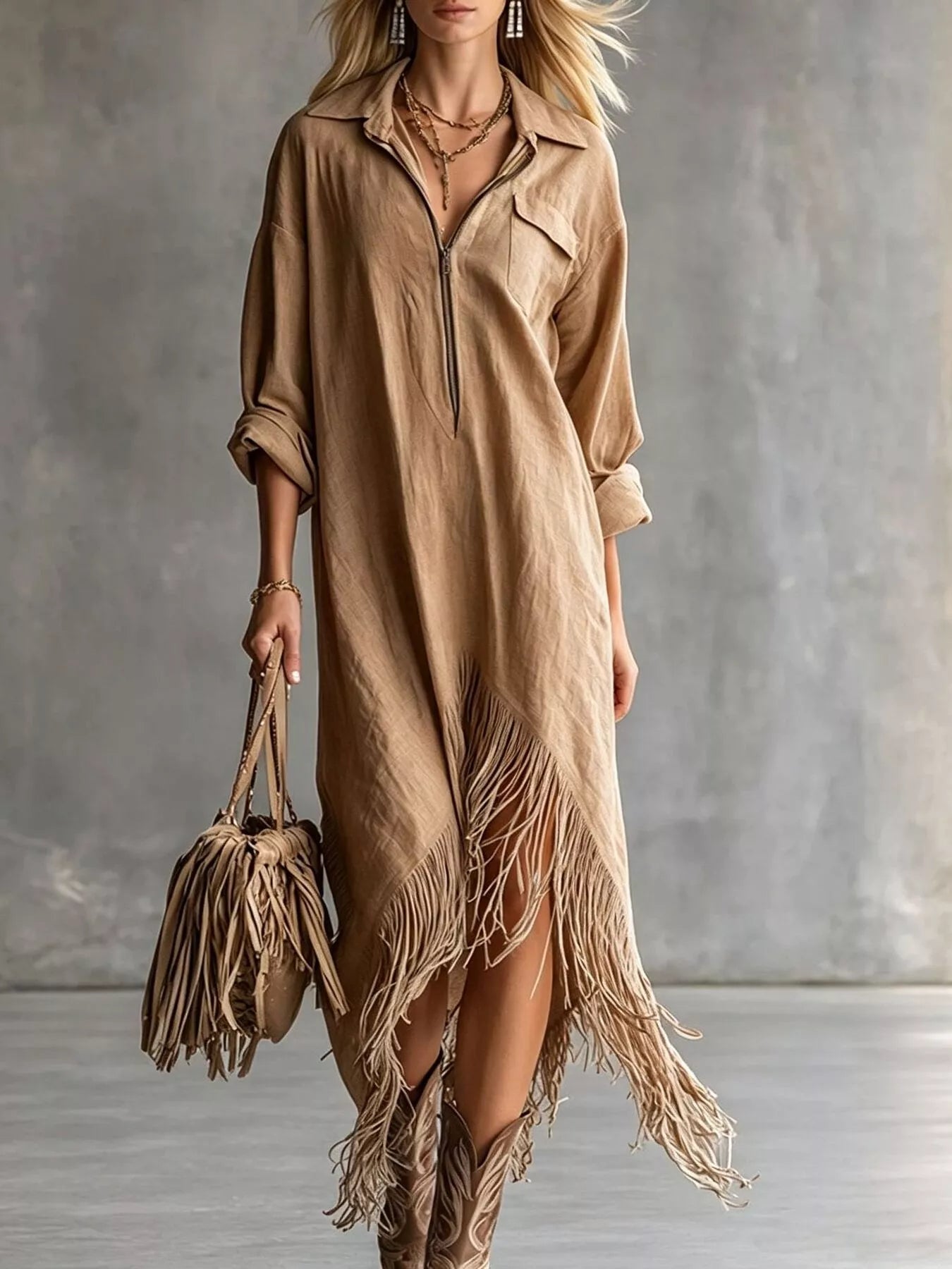 Trendsi Fringe Hem Zip-Up Shirt Dress -