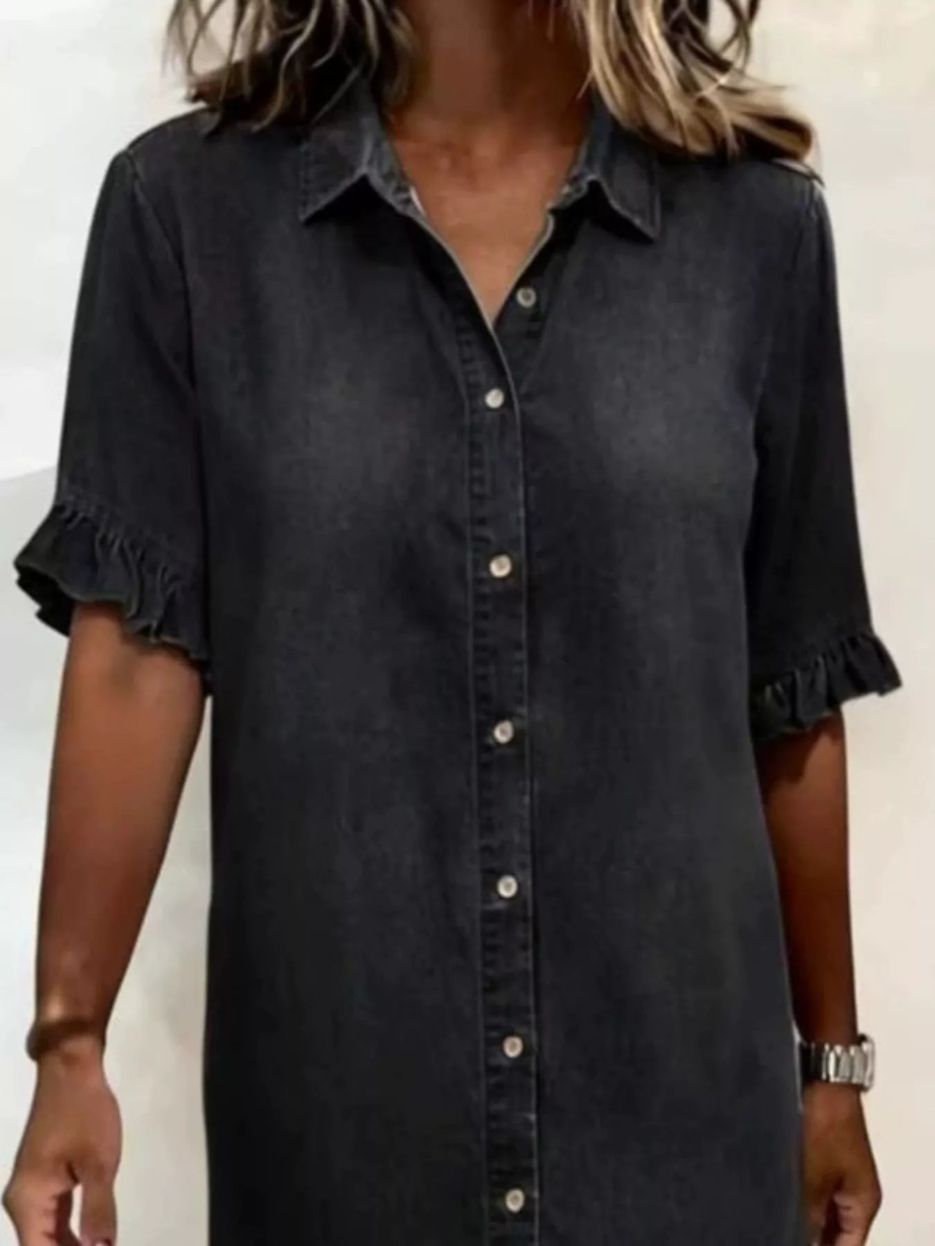 Trendsi Full Size Ruffled Hem Denim Shirt Dress Plus Size -