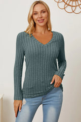 Trendsi Basic Bae Full Size Ribbed V-Neck Long Sleeve T-Shirt - Shirts