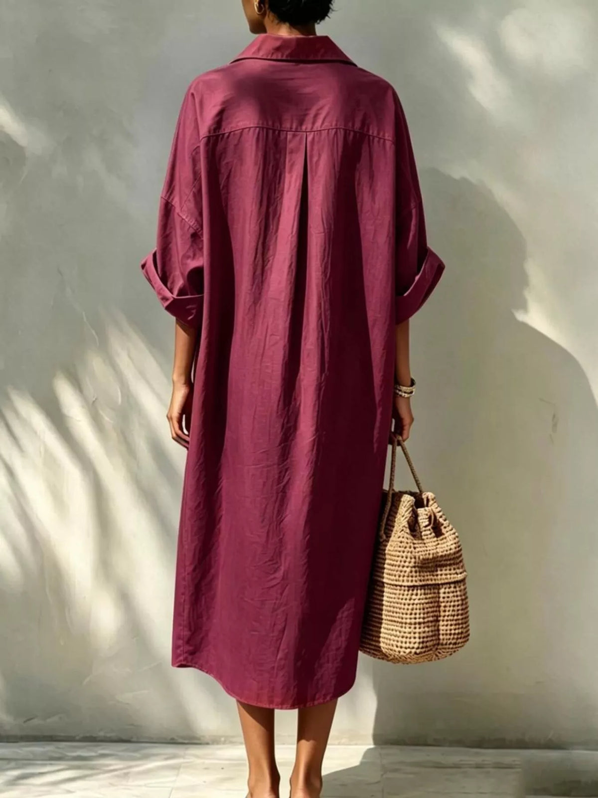 Burgundy button-down shirt dress, back view